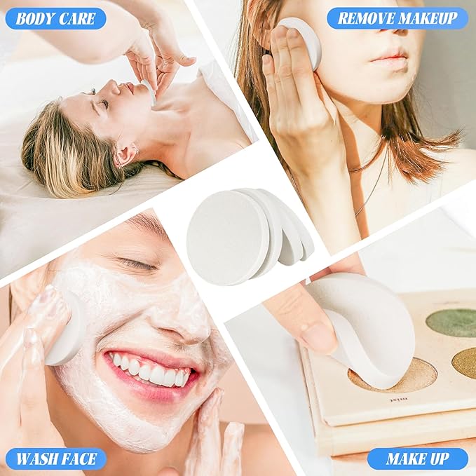 MotBach 60 PCS White Round Makeup Sponge, Cosmetic Sponge Round Foam Pad Eye Facial Powder Puff, Beauty Makeup Foundation Powder Blender for Women Lady All Skin Types Wet and Dry Dual Use