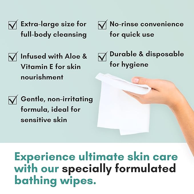 Nurture XL Ultra Thick Body Wipes for Adults w/Aloe | 40 Extra Large Disposable Cloth Wet Cleansing No Rinse Bathing Washcloths, Waterless Shower | Bath Wipe for Women, Men & Elderly