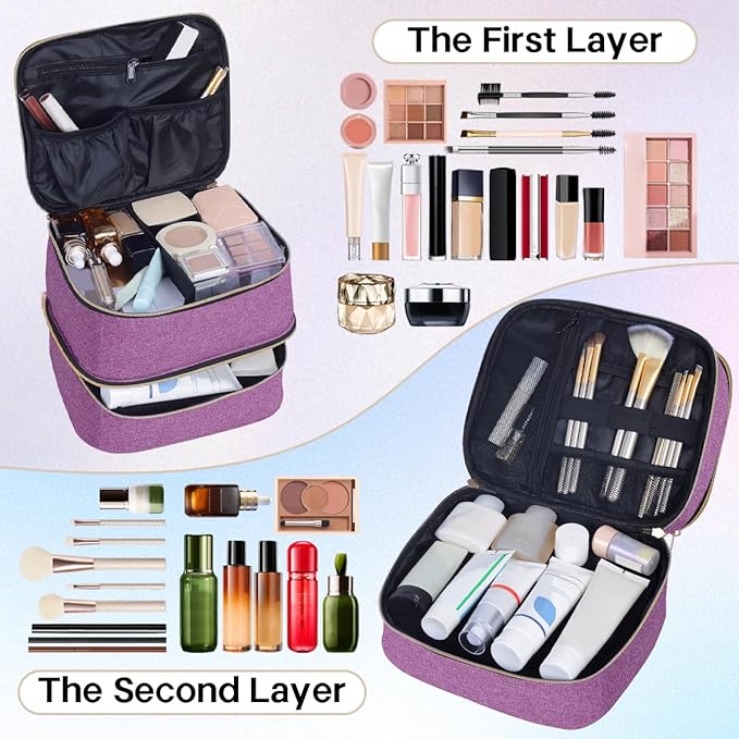 Double Layer Makeup Bag Portable Large Cosmetic Case Organizer with Adjustable Dividers Storage Travel Bag for Accessories Brushes Conditioner and Skin Care Products (Purple)