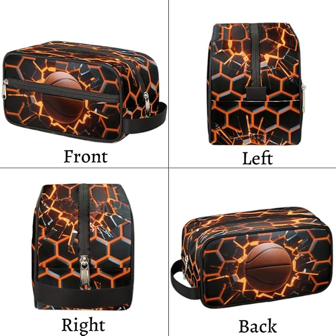 Abstract Basketball Kids Toiletry Bag for Boys Girls, Cosmetic Makeup Bag with Handle, Travel Shaving Kit Organizer, Waterproof Portable Wash Bag for Gym Vacation Camping Sports