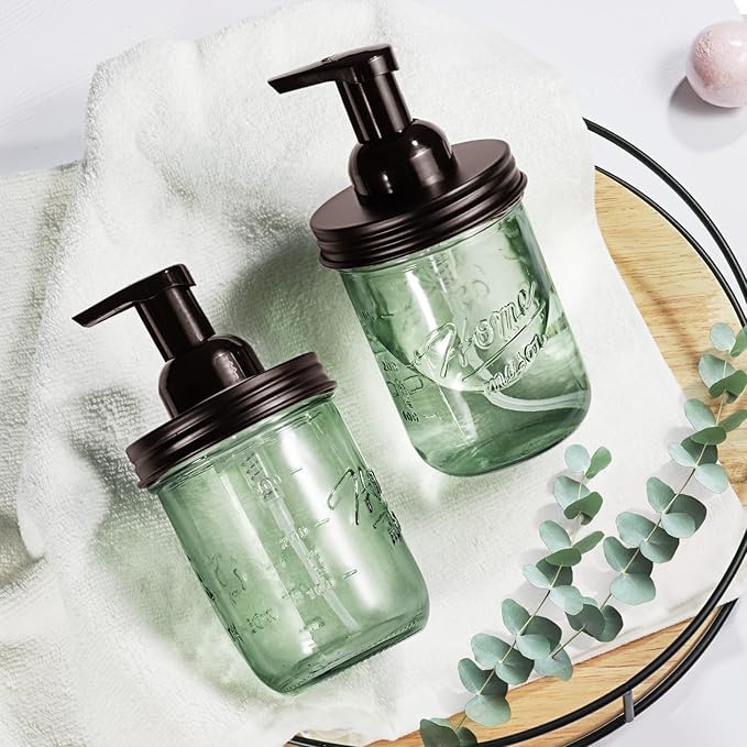 SheeChung Mason Jar Foaming Soap Dispenser, Stainless Steel Lid, BPA Free Pump, Green Glass Foam Hand Soap Dispenser, 16 Oz Refillable Liquid Foam Dispenser Bottle for Bathroom Kitchen-Bronze, 2 Pack