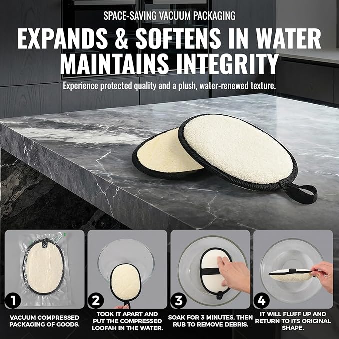 Natural Loofah for Men, 2PCS Black & White Set Egyptian Luffa Body Scrubber for Shower & Bath, Quick-Drying Exfoliating Sponge Pad for Men's Hygiene & Body Care - Travel Essentials & Gym Tool