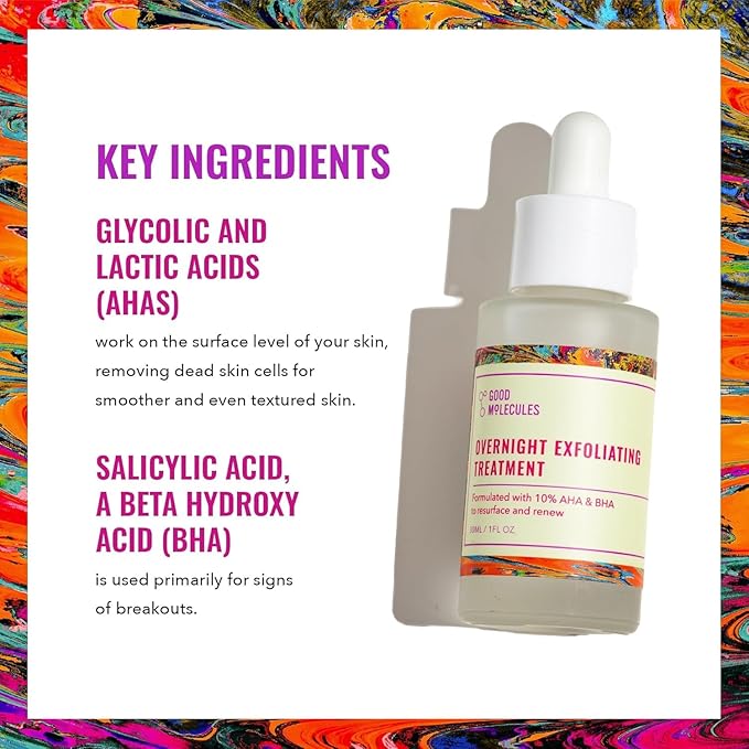 Good Molecules Overnight Exfoliating Treatment Pack 2 – 1 fl oz / 30 ml Each | Lightweight Face Exfoliator with AHA & BHA, Glycolic & Salicylic Acid