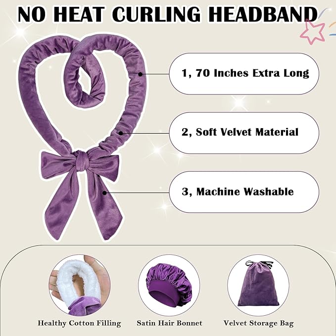 ZILAMPU No Heat Overnight Curls Headband - 70" Soft Wave Wrap for Long Hair to Sleep In, 9 PCS Hair Rollers Gifts Set - Purple
