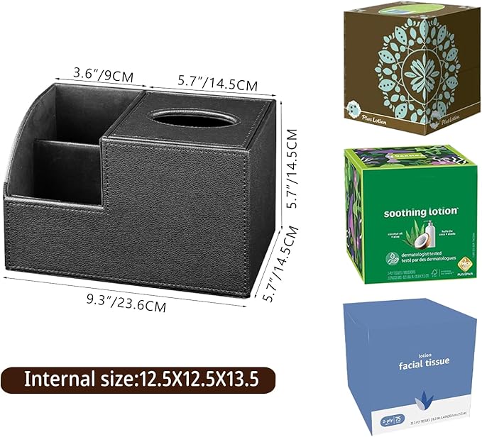 PU Leather Square Tissue Box Cover - Multi-Functional Tissue Box Holder, Tissue Box Cover with Storage,Tissue and Remote Control Holder, Cube Tissue Box Organizer Bedroom Nightstand End Table