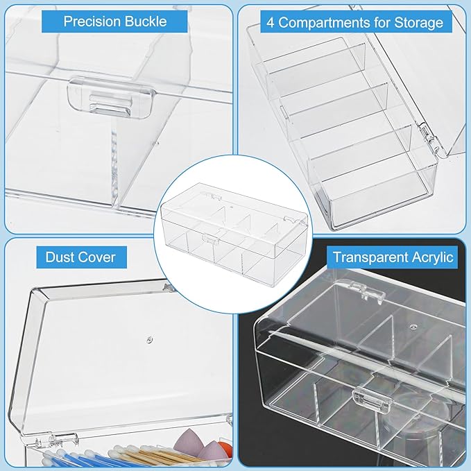 Clear Acrylic Qtip Holder Dispenser with Lid, 4-Compartment Cotton Ball Holder for Cotton Pads, Q-Tips, Makeup Sponges, Transparent athroom Canisters for Bathroom, Bedroom, or Vanity Countertop