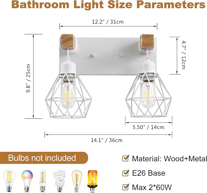 White Bathroom Vanity Light Fixtures, 2-Light Wood Bathroom Light Fixtures Over Mirror, Rustic Sconces Wall Lighting with Elegant Metal Lampshade for Living Room, Bedroom, Hallway