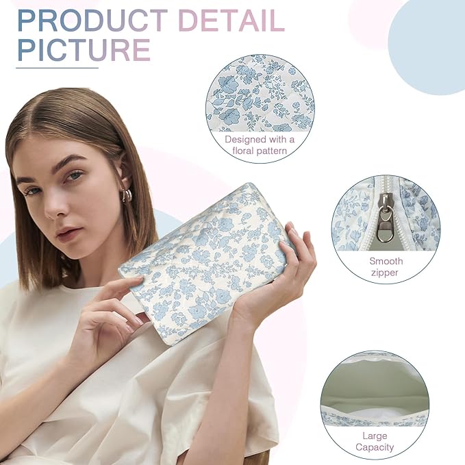 2 Pack Floral Makeup Bag, Cute Cosmetic Bag for Women Girls, Quilted Cotton Make up Pouch, Travel Makeup Bags, Portable Storage Toiletry Organizer Bag(Pink+Blue Floral)