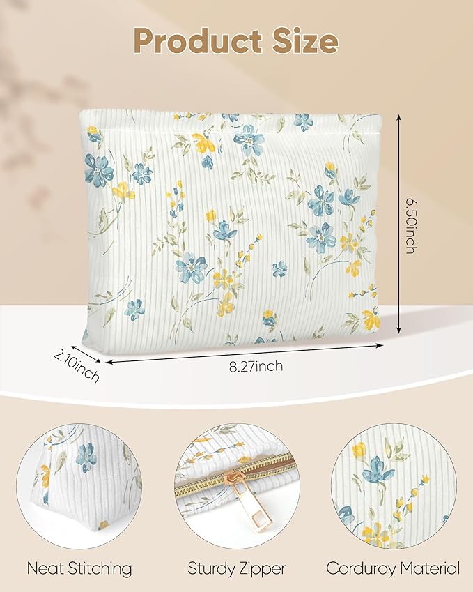 Cute Floral Makeup Pouch for Women Small Make Up Bag for Purse Zipper Initial Makeup Cosmetic Bags Pouches for Purse Aesthetic Travel Toiletry Bags, Elegent Blue Yellow Floral