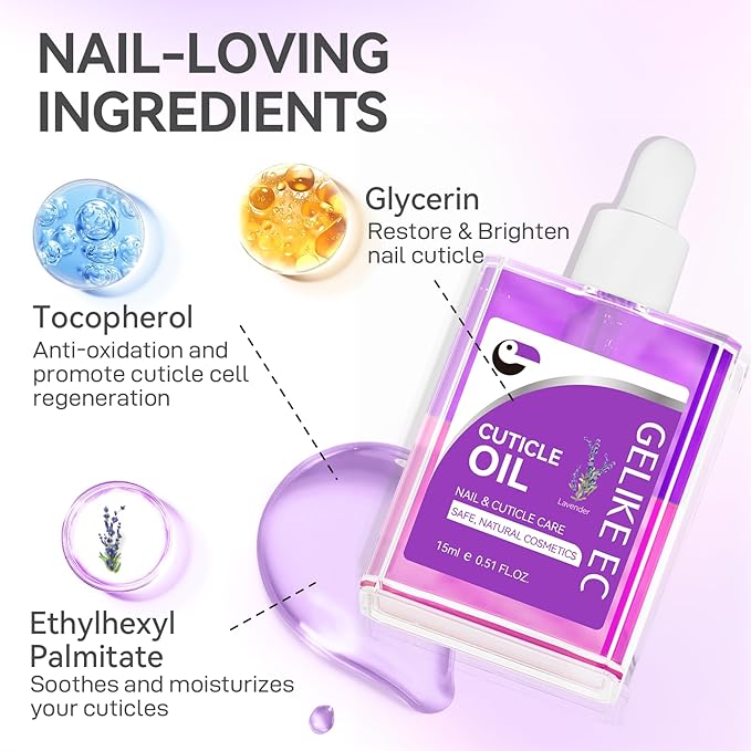 gelike ec Cuticle Repair Oil for Damaged Nails Lavender Smells Nail Treatment for Growth and Strengthen - Growth Oil Quick Dry Nail Care Moisturize Weak Thin Salon and Home 15ML LARGE CAPACITY