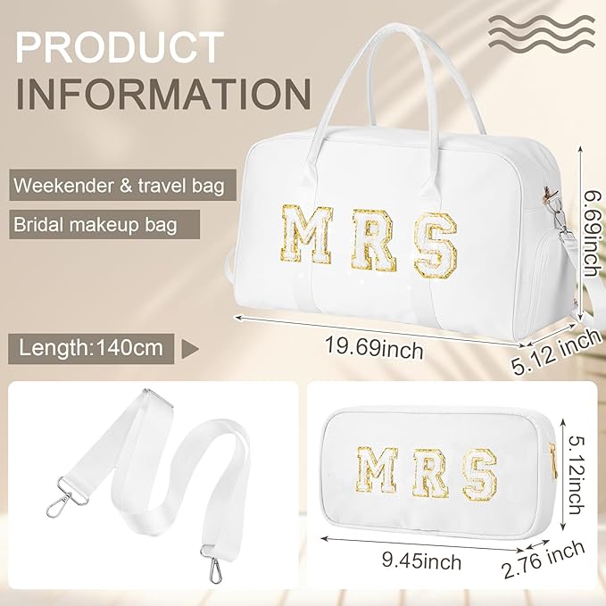 2 Pcs Wedding Weekender Bag Bride Groom Duffle Bag Chenille Letter Patch Travel for Bridal Shower Honeymoon Gift(Mrs,White)