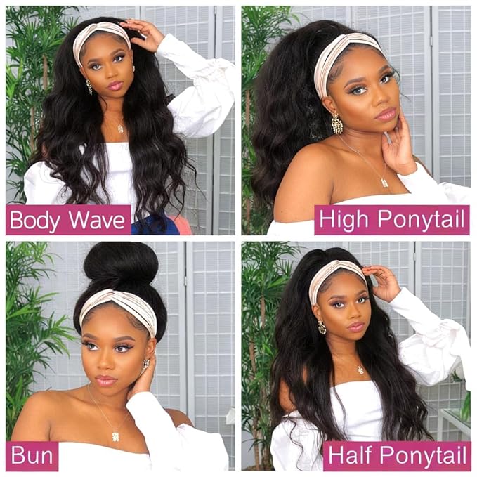 XSY Headband Wig Human Hair Body Wave 18 Inch Brazilian Virgin Hair Glueless Wear Go Wig None Lace Front Wigs for Black Women 150% Density Natural Black Color