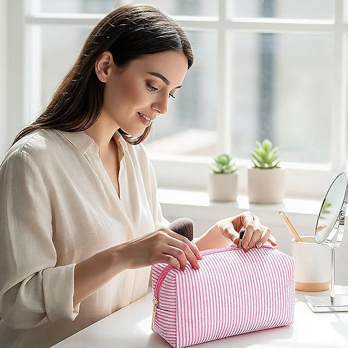 Sanwuta 6 Pcs Seersucker Cosmetic Bags Bulk Seersucker Makeup Bags Stripe Women Pouch Large Preppy Storage Pouch Toiletry Travel Organizer for Wedding Bridesmaid Bride Favor Mom Gift (Pink)