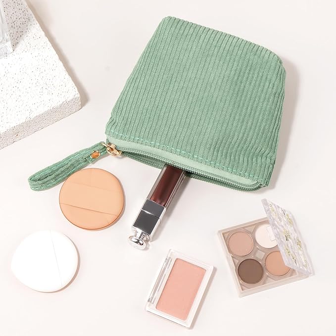 MAGEFY Mini Makeup Bag, Cute Small Makeup Bag for Purse Corduroy Cosmetic Bag for Women with Slip-in Pockets Travel Purse Essentials Lipstick Bag(Green,Mini)