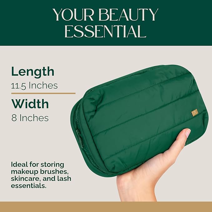 TAD Beauty Makeup Bag Organizer - Puffy Travel Cosmetic Pouch for Women & Teens - Toiletry Case with Zippered Mesh Pocket, Large Capacity Lash Tool Storage, Soft Holder for Skincare Essentials - Green