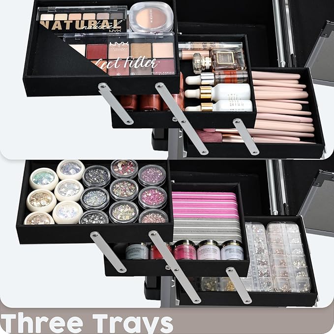 Hododou Rolling Makeup Case Cosmetic Travel Trolley Storage Sliding Drawer 4 Tray Makeup Travel Case with Wheels Salon Barber Case Traveling Cart Trunk for Cosmetologist Nail Tech Hairstylist Grey
