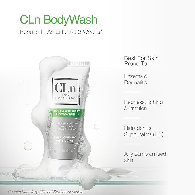 CLn® BodyWash –Non-Drying Body Wash Preserved with Sodium Hypochlorite, For Compromised Skin Prone to Eczema, Dermatitis, Rash & Hidradenitis Suppurativa, Fragrance-Free & Paraben-Free, 3 fl oz