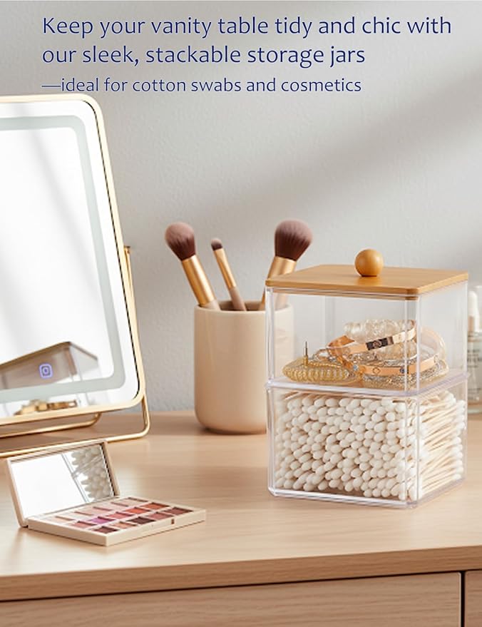 Cotton Swab Holder with Bamboo Lid, Clear PS Qtip Container, Double Layer Stackable Bathroom Organizer for Cotton Balls & Pads, Vanity Storage, Dorm Room Essentials, Small Space Decor