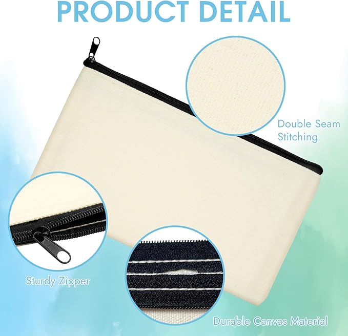 PEASUG Canvas Pencil Pouch, 12 Pack Blank Canvas Zipper Pouch Makeup Bag Bulk, Canva Pouch Cosmetic Bags with Zipper Sublimation Pencil Case Blanks for DIY Craft, Travel, Organized