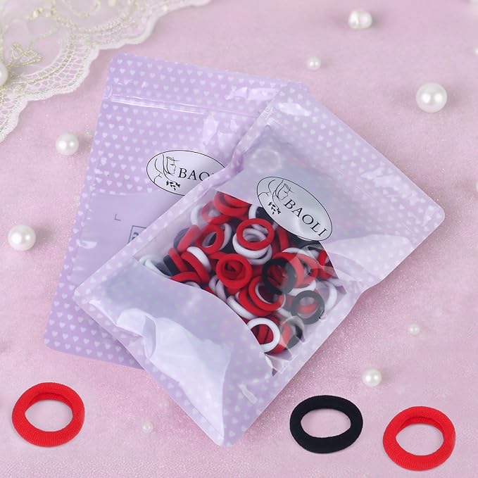 200PCS Mini Hair Ties for Toddler Girls, Kids Hair Ties Bands No Pull, Soft Baby Ponytail Holders Elastics No Damage, 1 Inch in Diameter, Red and Black, by BAOLI