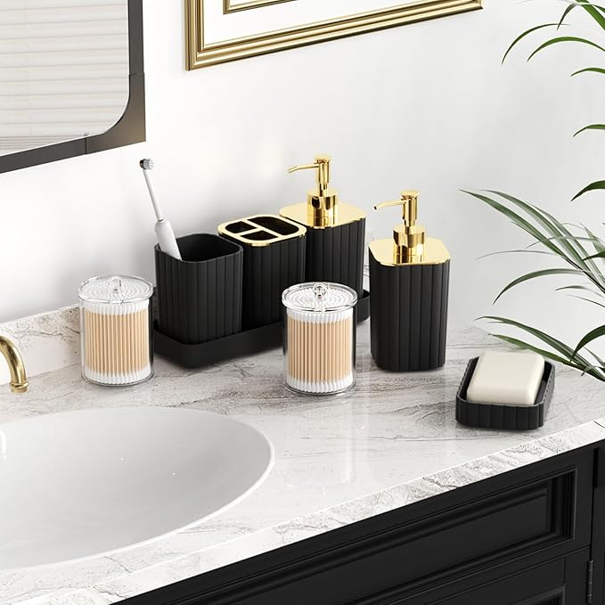 Bathroom Accessories Set - Gorgeous Black Bathroom Set, 10PC Bathroom Accessory Set, Toilet Brush, Trash Can, Qtip Holder & Soap Dispenser