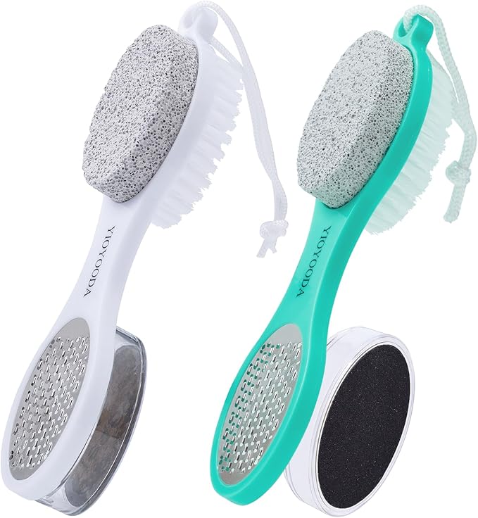 Foot Scrubber Brush with Pumice Stone for Feet 5-in-1, 2Pcs Foot File Callus Remover, Stainless Steel Feet Scraper, Cleaning Brush & Sand Paper Debris Catcher, Multi Purpose Home Foot Care, Cyan White