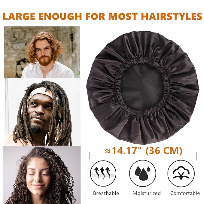 Adjustable Shower Caps for Men Women Reusable Waterproof Satin Lining Large Shower Cap for Long Hair Braids Curly Hair (L,Black/Black)