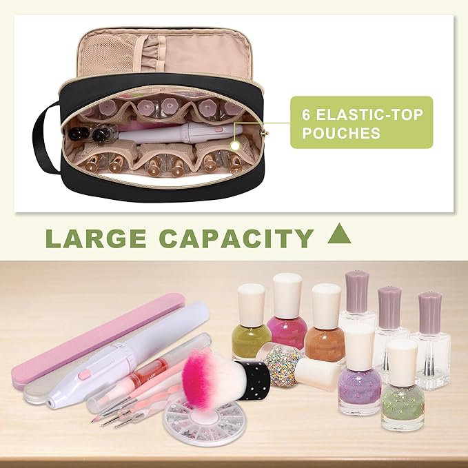 Nail Polish Organizer Case Fits 12 Bottles (15ml), Nail Polish Supplies Storage Bag with Clear Window, Black