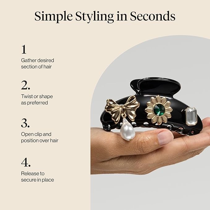 KitschPop ™ Hair Clips For Women with Charm Sets -Customizable Curved Claw Clip With Interchangeable Collectible Cute Charms | Ideal Gifts For Women -Vintage Black, 7pcs Set