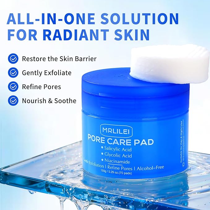 BHA Salicylic Acid Toner Pads with Pore Care - Dual-Textured Facial Exfoliation Toner Pads with Glycolic Acid, Niacinamide Daily Face Skincare - 70 Pads + 4 Trial Pads