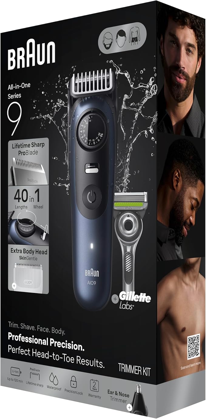 Braun Series 9 All-in-One Beard & Body Grooming Kit for Men, Cordless Trimmer, Hair Clippers & Shaver for Face, Hair & Body with Gillette Labs Razor, AIO 9530