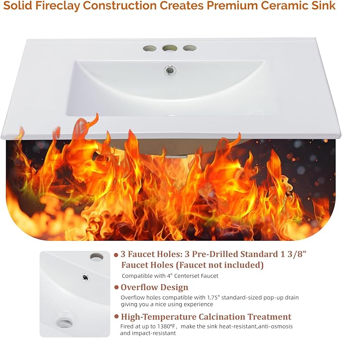 VINGLI 30 Inch White Bathroom Vanity with Sink, Modern Freestanding Sink Vanity with Soft-Close Doors and Storage Shelves, White Bathroom Cabinet with Single Hole Ceramic Basin for Small Bathrooms