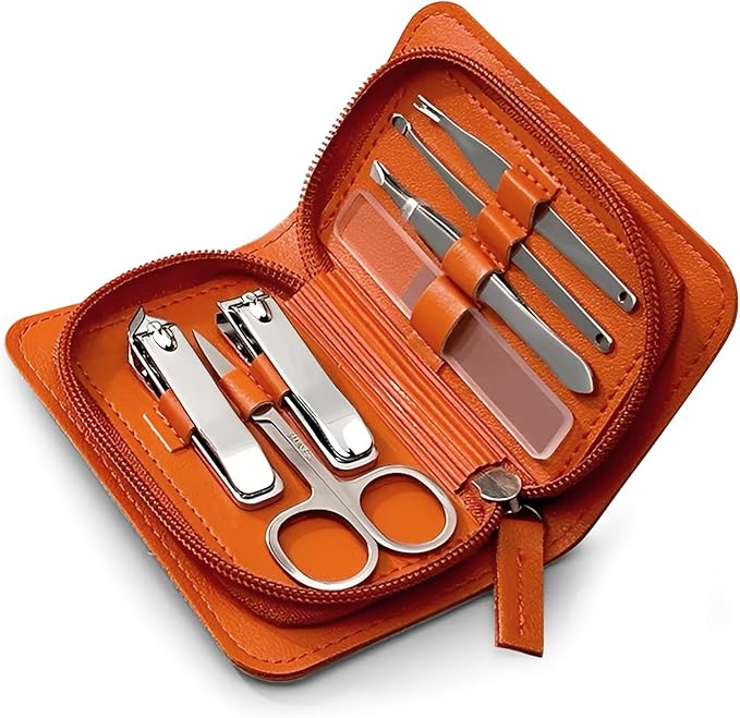 Nail Clipper Set with Case, Manicure Set for Men & Women, 7-Piece Carbon Steel Manicure Pedicure Set with PU Leather Zipper Case, Travel Grooming Kit for Finger & Toe Care, Orange