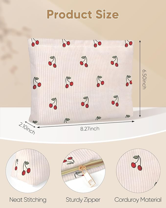Cute Red Cherry Makeup Pouch for Women Small Make Up Beige Cherries Pattern Bag for Purse Zipper Initial Makeup Cosmetic Bags Pouches for Purse Aesthetic Travel Toiletry Bags