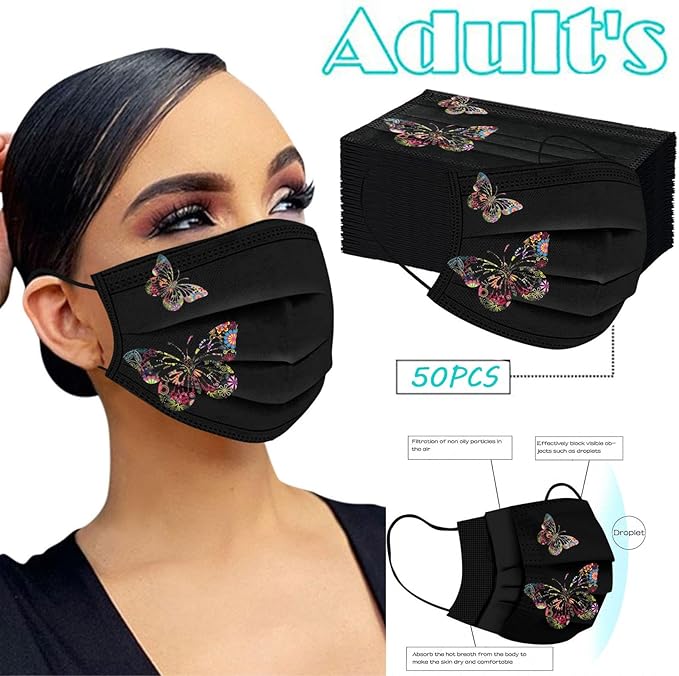 50pcs Black Disposable Face Masks, Masks with Butterfly Printed, 3-Ply Full Protection for Women Men Teen Girls