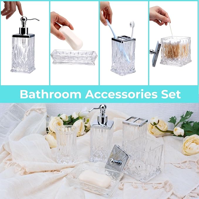 Bathroom Accessories Set,5 Pcs Clear Glass Bathroom Accessory Set,Complete Lotion Soap Dispenser,Toothbrush Holder, Soap Dish,Tumbler & Jar,Modern Bathroom Decor Sets Gift,Square