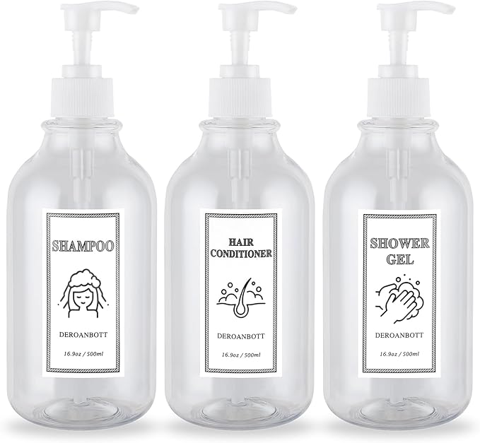 Shampoo and Conditioner Dispenser, Refillable Plastic Shampoo Pump Bottles with Waterproof Labels, Empty Body Wash Dispenser Set for Bathroom, Shower Soap Bottles (Transparent)