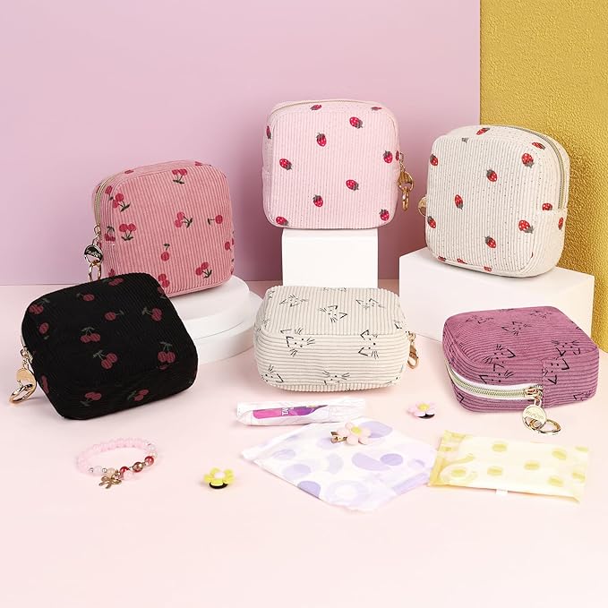 Cute Period Bag for Teen Girls, Corduroy Sanitary Napkin Storage Bag, Menstrual Pad Pouch Tampon Holder for Purse (Cherry-Beige)