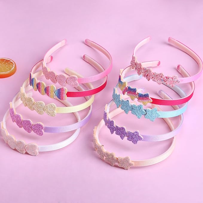 Fishdown Headband for Kids Girls, 10Pcs Rainbow Glitter Hairband for Toddler Heart Rainbow Star Non-slip Headbands with Teeth