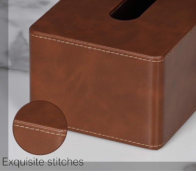 Tissue Box Cover Rectangular 9.8"(L) x 5.3"(W) x 4.3"(H) Refined Modern PU Leather Facial Tissue Dispenser Box Holder for Dresser Bathroom Decorative (Brown)
