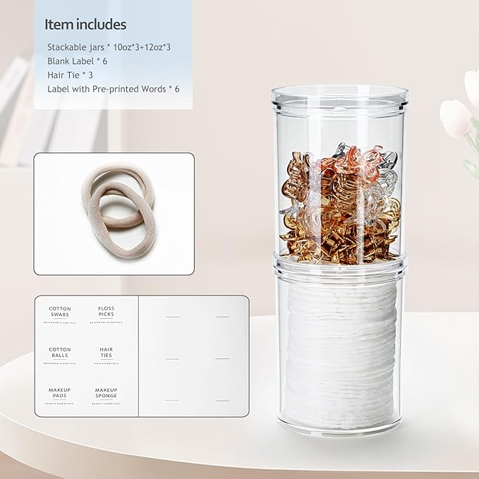 SheeChung 6-Pack Clear Stackable Qtip Holder Dispenser - Mixed (10oz & 12oz) Apothecary Jars with Storage Lids - Whole Home Bathroom Organization Set for Cotton Swabs, Balls, Pads