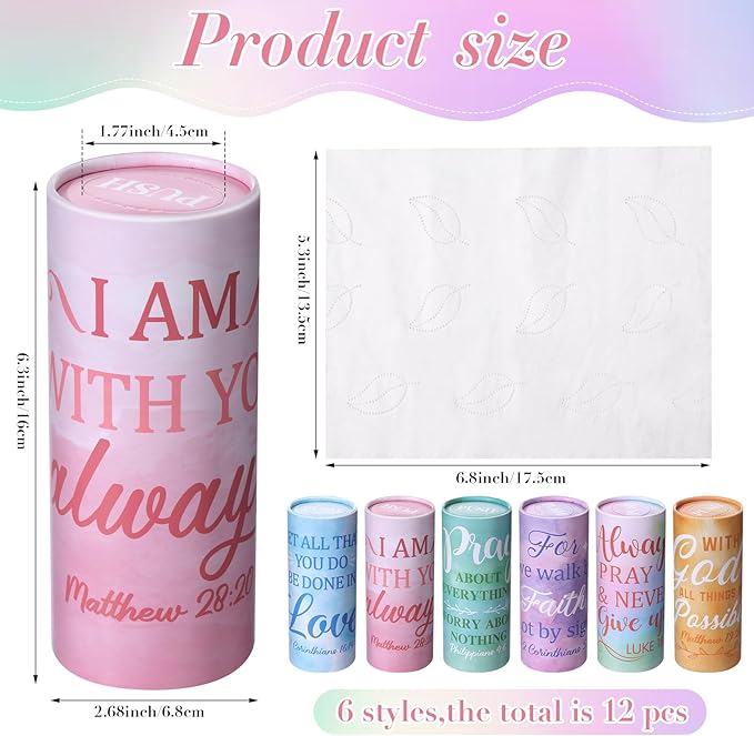 Outus 12 Pcs Christian Car Tissues Cylinder Holder with 3 Ply Facial Tissue Bulk Watercolor Religious Tissue Holder Travel Tissues Boxes Container for Home Mother's Gift for Church Ladies