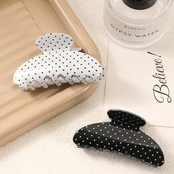 2 Pack Medium Hair Clips for Women, Strong Hold Recycled Plastic Claw Clips for Thick Hair Polka Dot | Great for Updo Half Up Hairstyle | Ideal Gifts for Women - Black and White Holiday Gift