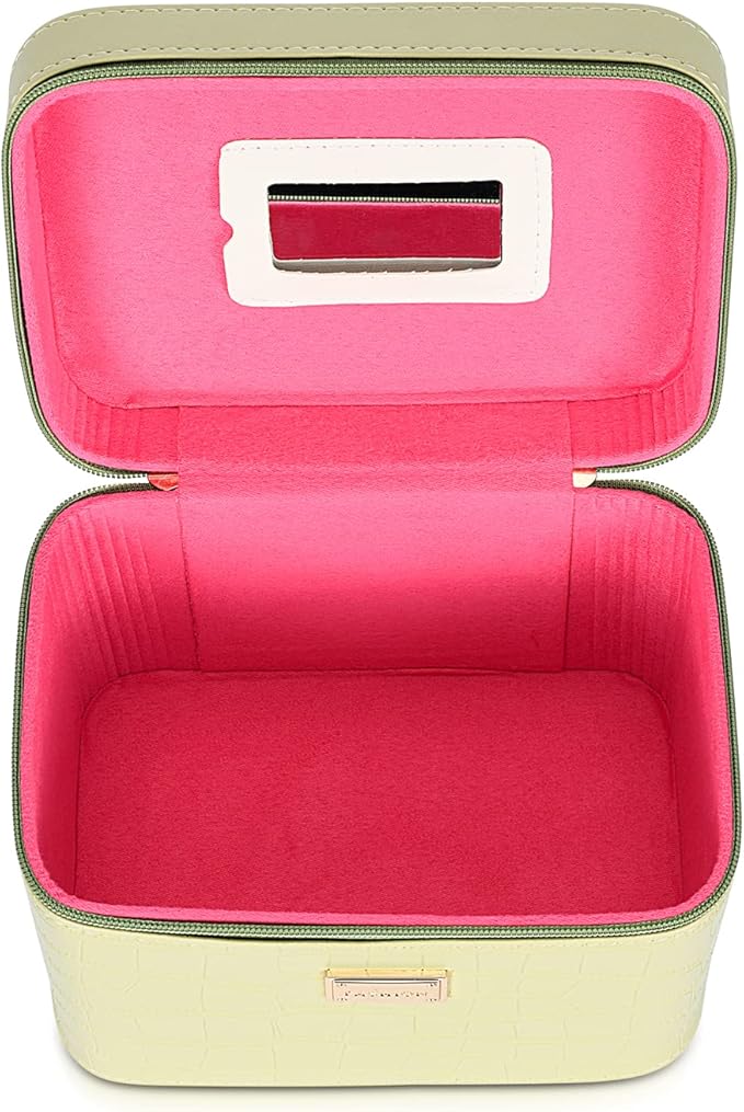 Fashion makeup box, Portable leather hard cosmetic case with mirror, Professional train case make up box for women adults. (Green)