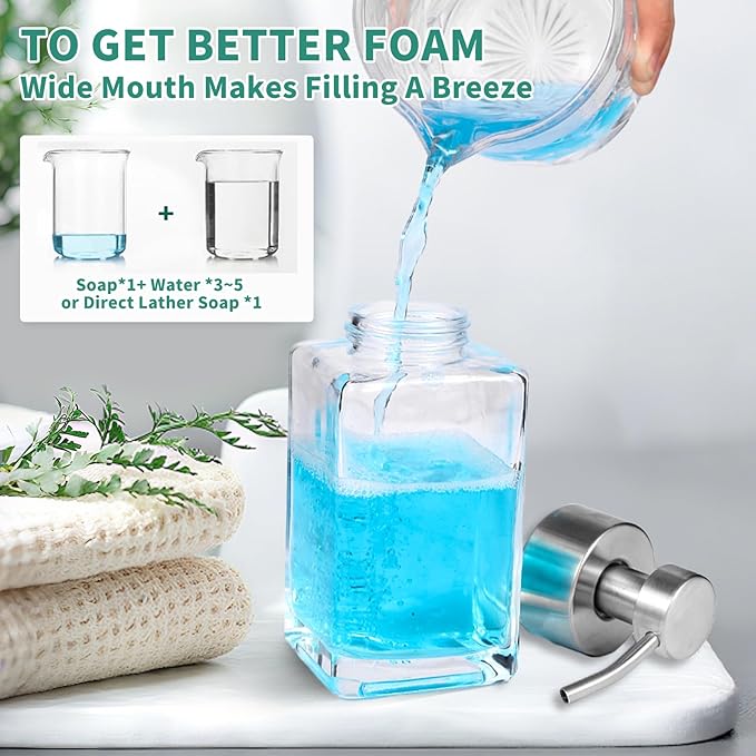 Foaming Soap Dispenser, 12oz/350ml Glass Foaming Hand Soap Dispenser Set,Refillable Foam Dispenser with Foaming Pump, Labels, Square Hand Dispenser for Bathroom, Kitchen 2 Pack