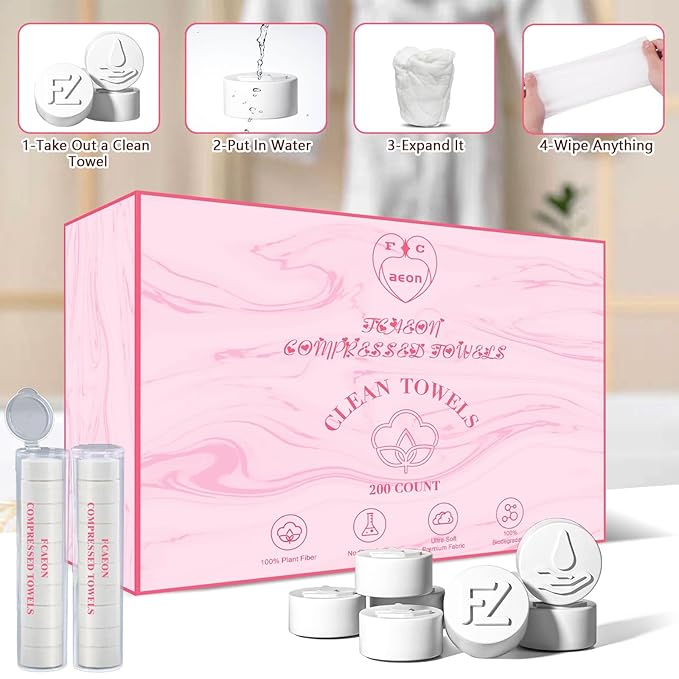 Disposable Face Towel 200 Pcs Compressed Towel Tablets With 2 Dispenser Bottles Gentle Washcloths for Sensitive Skin Facial Cleansing Makeup Removal Skincare Routine Travel Cloths (Pink)