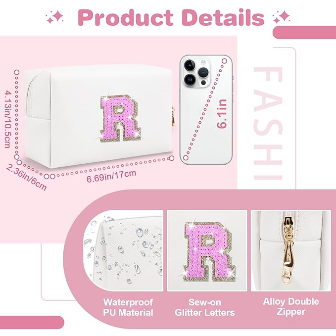 Small Initial Patch Makeup Bag Personalized Gifts Make Up Bag,White Cute PU Leather Glitter Letter Cosmetic Bag with Zipper,Trendy Portable Travel Toiletry Pouch,Preppy Stuff for Teen Girls Women R