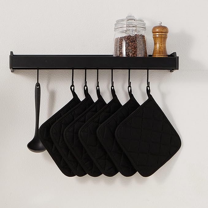 Kitchen Pot Holders Set Heat Resistant Pure Cotton Potholders Kit Trivets Large Coasters Hot Pads Terry Pot Holders for Everyday Cooking and Baking by 7 x 7 Inch Set of 6 Black