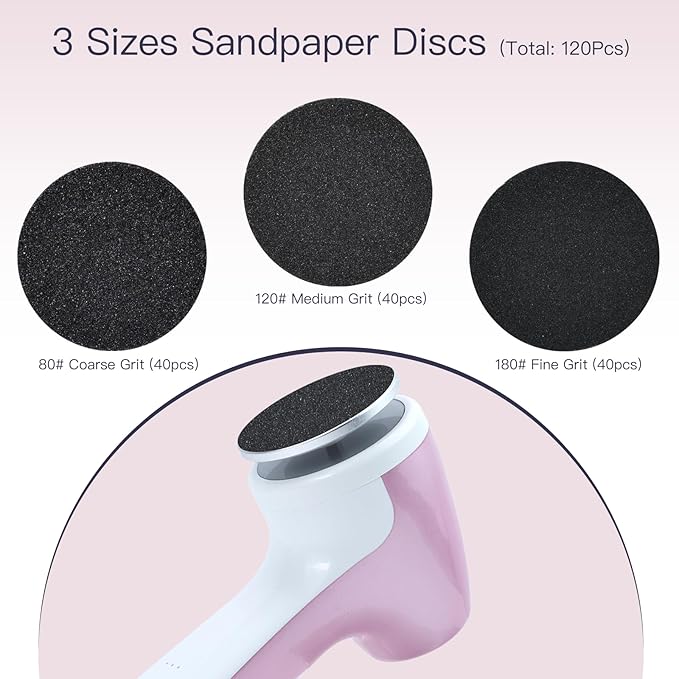 Rechargeable Electric Foot Callus Remover with 3-Sizes 120Pcs Sandpaper Discs, Professional 1000RPM 3-Speed Control Electric Foot File (E7 Pink)