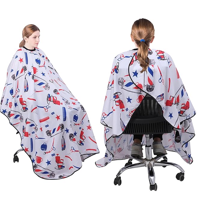 Professional Hair Cutting Cape with Neck Duster Brush, Large Size Salon Barber Cape for Men, Women and Kids(White with Colorful Pattern)